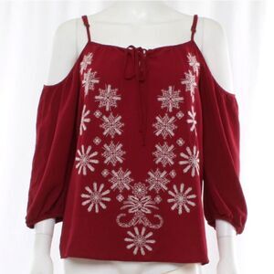 Xhilaration Red Cold Shoulder Blouse Embroidered Floral Size XXL